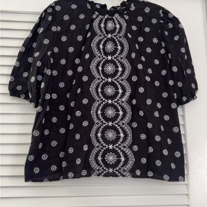 LOFT Embroidered Black Peasant Blouse with White Floral Motif